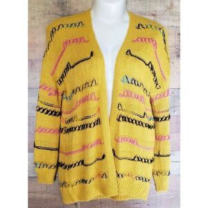 Easel Los Angeles Mustard Yellow Chunky Knit Cardigan Boho Embroidered Size S